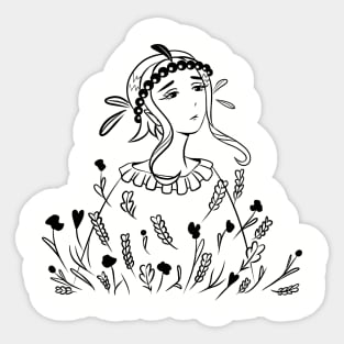 Sad girl in a flower field Sticker